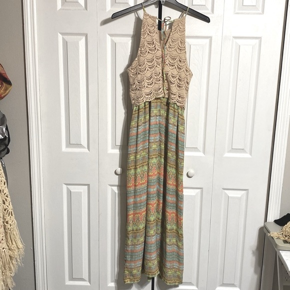 Kenji Crochet Boho Beach bohemian long Maxi Dress Blue Pink Yellow Size 12 - Picture 11 of 15